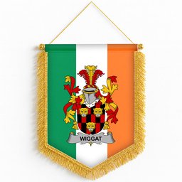ScotsTee Shop Irish Wiggat Coat of Arms Ireland Flag and Irish Family Crest Green, White and Orange Wall Hanging Banner Gonfalon