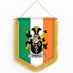 ScotsTee Shop Irish Tisdall or Tisdale Coat of Arms Ireland Flag and Irish Family Crest Green, White and Orange Wall Hanging Banner Gonfalon