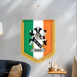 ScotsTee Shop Irish Waring Coat of Arms Ireland Flag and Irish Family Crest Green, White and Orange Wall Hanging Banner Gonfalon