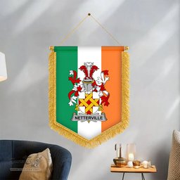 ScotsTee Shop Irish Netterville or Netterfield Coat of Arms Ireland Flag and Irish Family Crest Green, White and Orange Wall Hanging Banner Gonfalon