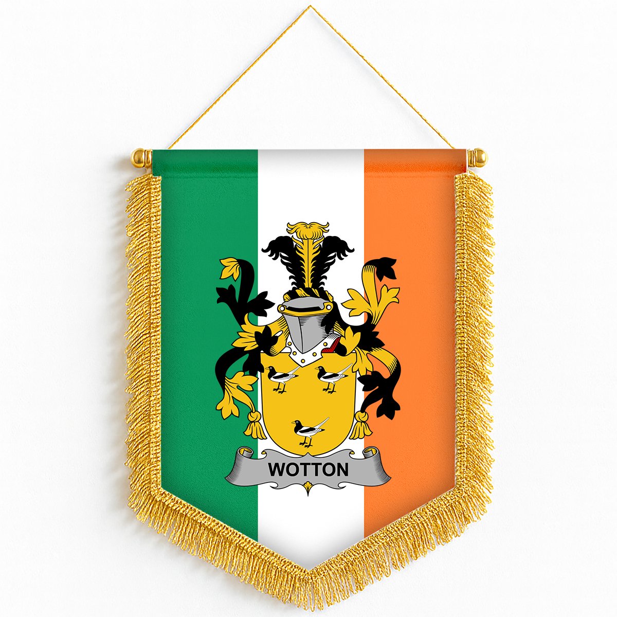 ScotsTee Shop Irish Wotton Coat of Arms Ireland Flag and Irish Family Crest Green, White and Orange Wall Hanging Banner Gonfalon