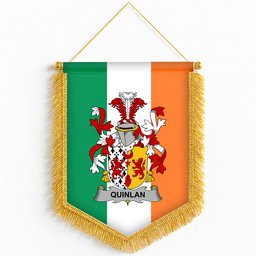 ScotsTee Shop Irish Quinlan or O'Quinlevan Coat of Arms Ireland Flag and Irish Family Crest Green, White and Orange Wall Hanging Banner Gonfalon