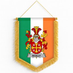 ScotsTee Shop Irish Scully or O'Scully Coat of Arms Ireland Flag and Irish Family Crest Green, White and Orange Wall Hanging Banner Gonfalon