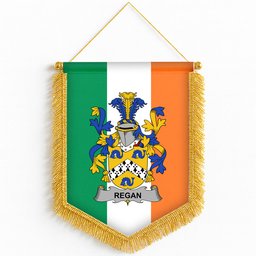 ScotsTee Shop Irish Regan or O'Regan Coat of Arms Ireland Flag and Irish Family Crest Green, White and Orange Wall Hanging Banner Gonfalon