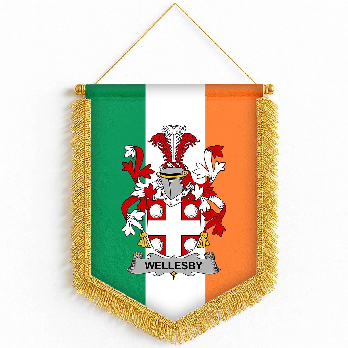 ScotsTee Shop Irish Wellesby Coat of Arms Ireland Flag and Irish Family Crest Green, White and Orange Wall Hanging Banner Gonfalon