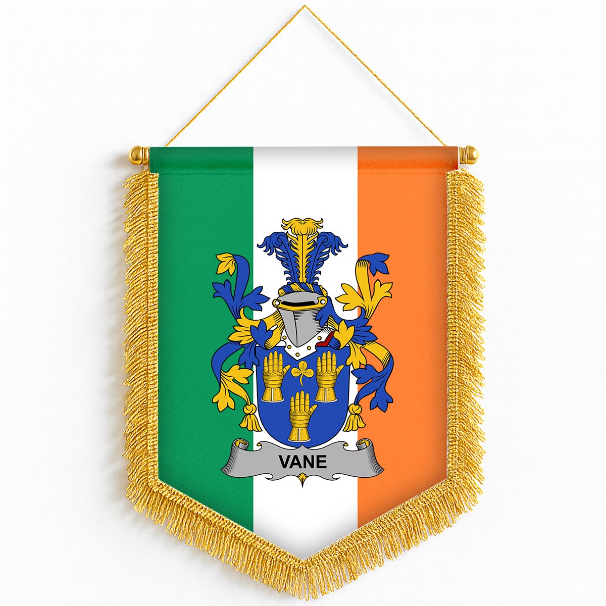 ScotsTee Shop Irish Vane Coat of Arms Ireland Flag and Irish Family Crest Green, White and Orange Wall Hanging Banner Gonfalon