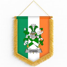 ScotsTee Shop Irish Stokes Coat of Arms Ireland Flag and Irish Family Crest Green, White and Orange Wall Hanging Banner Gonfalon