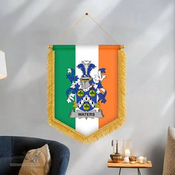 ScotsTee Shop Irish Waters Coat of Arms Ireland Flag and Irish Family Crest Green, White and Orange Wall Hanging Banner Gonfalon