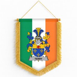 ScotsTee Shop Irish Terry Coat of Arms Ireland Flag and Irish Family Crest Green, White and Orange Wall Hanging Banner Gonfalon