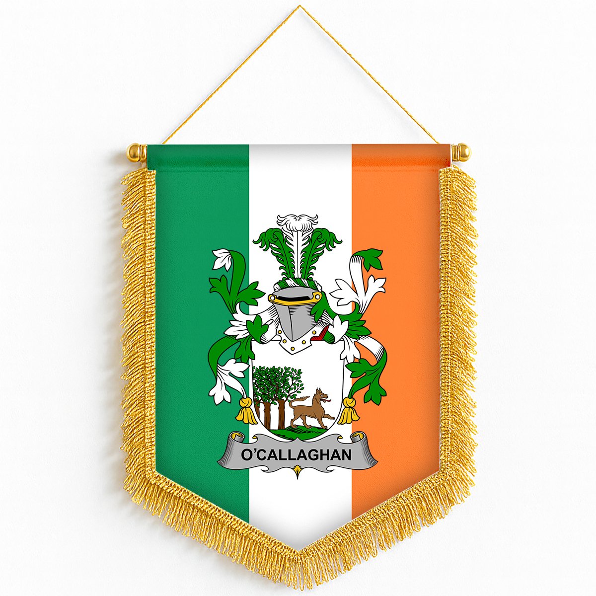 ScotsTee Shop Irish O'Callaghan Coat of Arms Ireland Flag and Irish Family Crest Green, White and Orange Wall Hanging Banner Gonfalon