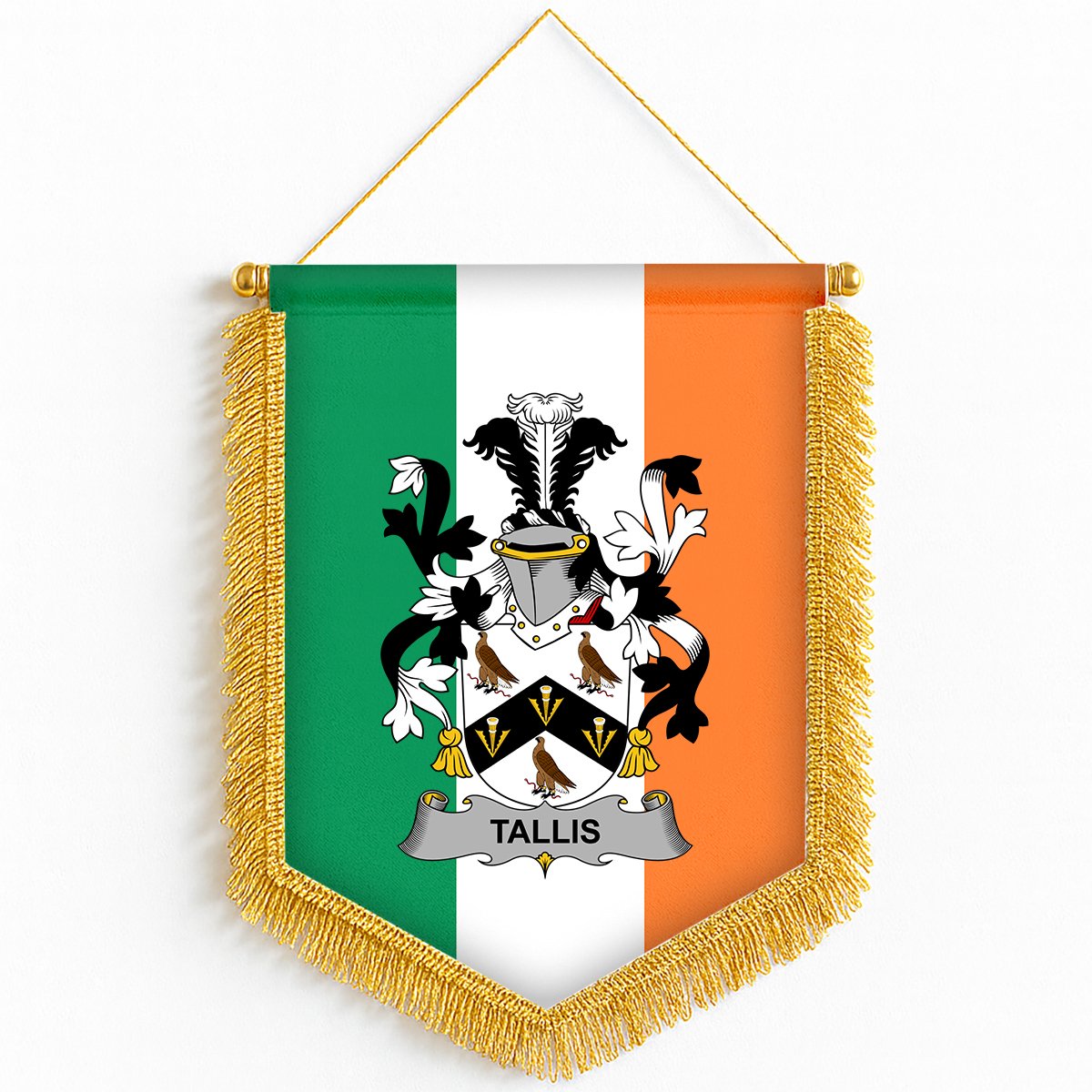 ScotsTee Shop Irish Tallis Coat of Arms Ireland Flag and Irish Family Crest Green, White and Orange Wall Hanging Banner Gonfalon