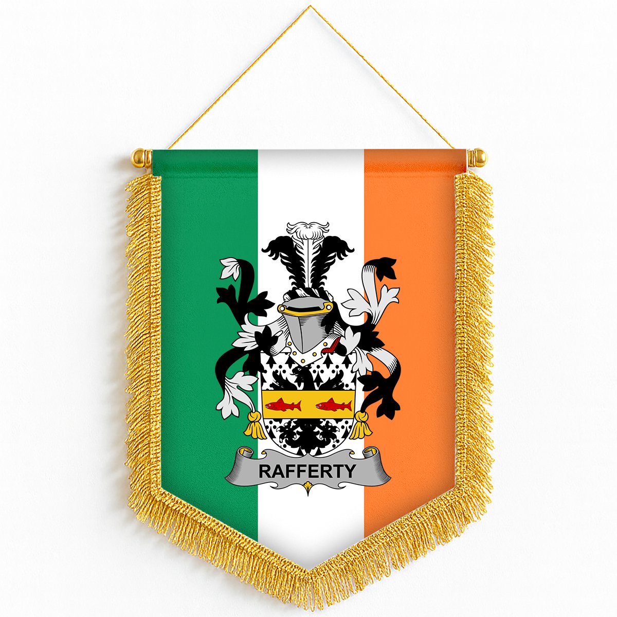 ScotsTee Shop Irish Rafferty or O'Rafferty Coat of Arms Ireland Flag and Irish Family Crest Green, White and Orange Wall Hanging Banner Gonfalon