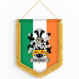 ScotsTee Shop Irish Rafferty or O'Rafferty Coat of Arms Ireland Flag and Irish Family Crest Green, White and Orange Wall Hanging Banner Gonfalon