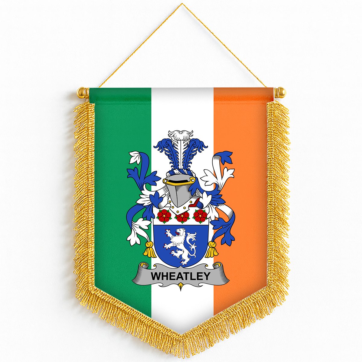 ScotsTee Shop Irish Wheatley Coat of Arms Ireland Flag and Irish Family Crest Green, White and Orange Wall Hanging Banner Gonfalon