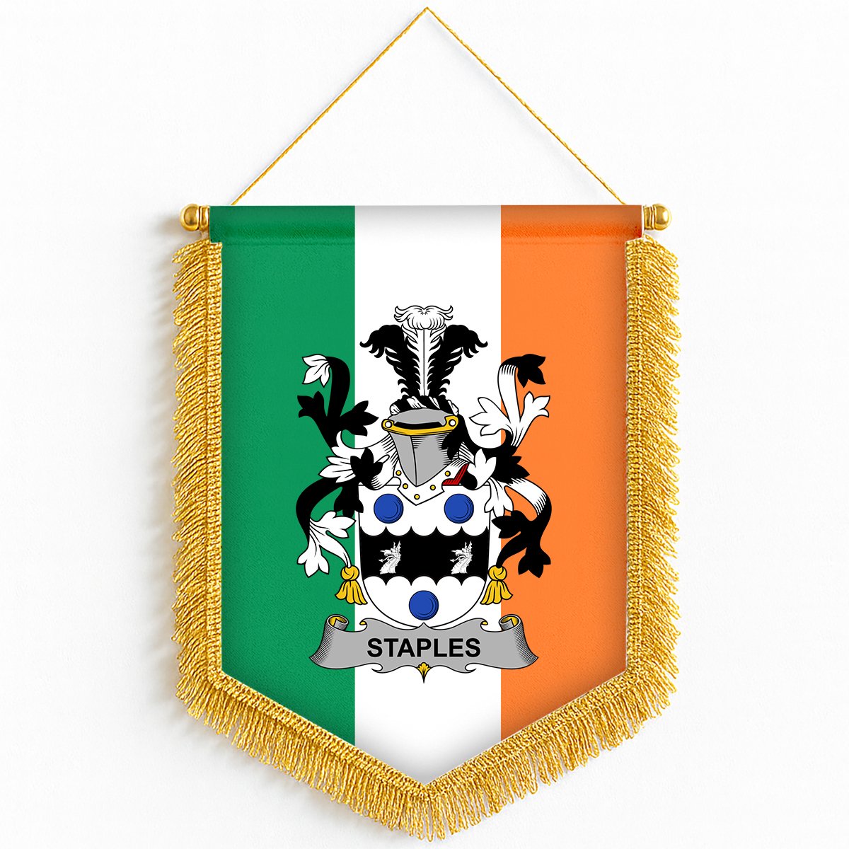 ScotsTee Shop Irish Staples Coat of Arms Ireland Flag and Irish Family Crest Green, White and Orange Wall Hanging Banner Gonfalon