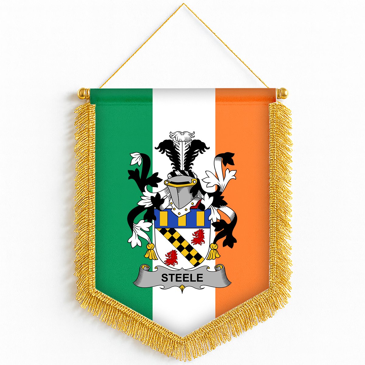 ScotsTee Shop Irish Steele Coat of Arms Ireland Flag and Irish Family Crest Green, White and Orange Wall Hanging Banner Gonfalon