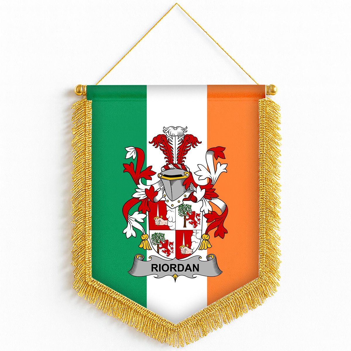 ScotsTee Shop Irish Riordan or O'Rearden Coat of Arms Ireland Flag and Irish Family Crest Green, White and Orange Wall Hanging Banner Gonfalon