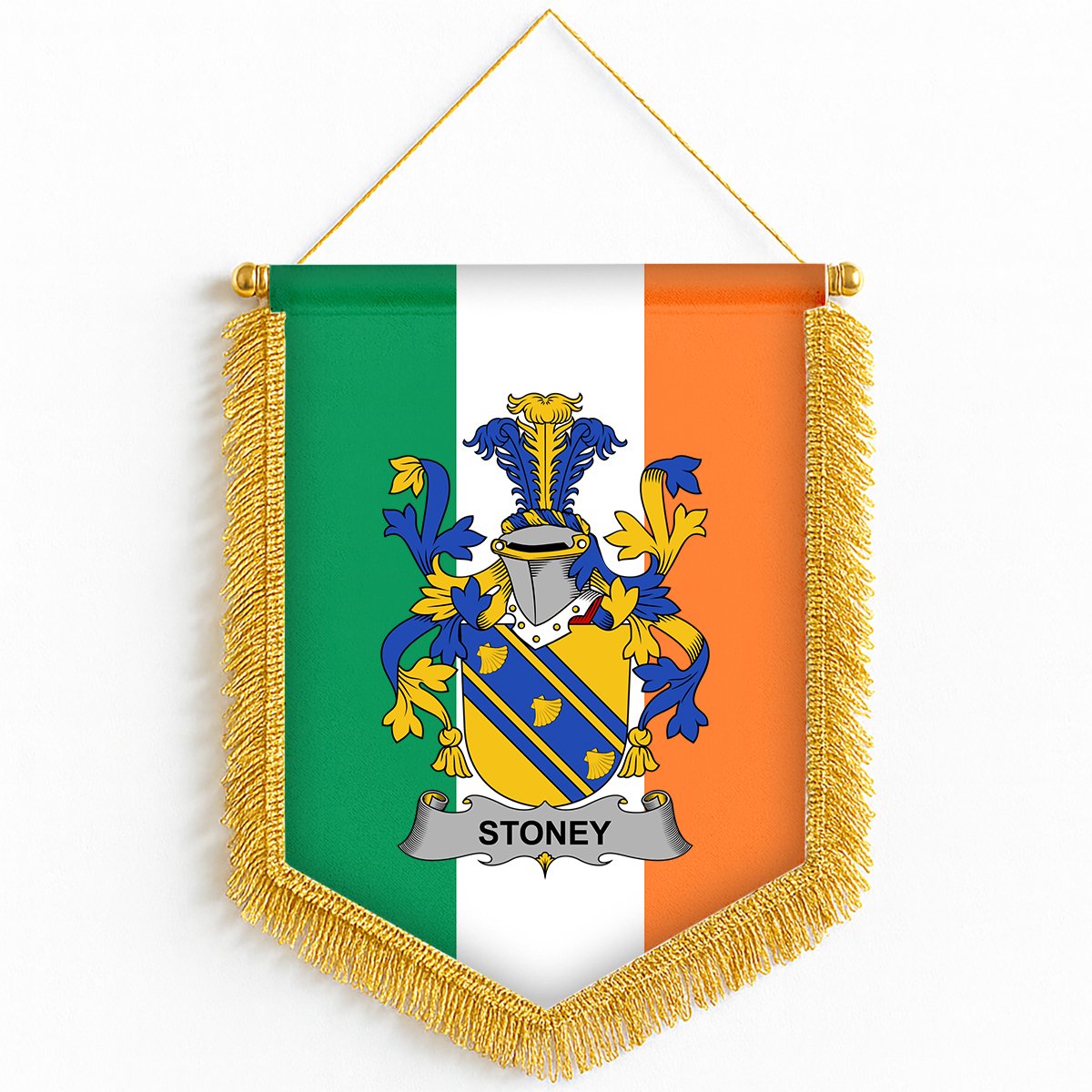 ScotsTee Shop Irish Stoney Coat of Arms Ireland Flag and Irish Family Crest Green, White and Orange Wall Hanging Banner Gonfalon