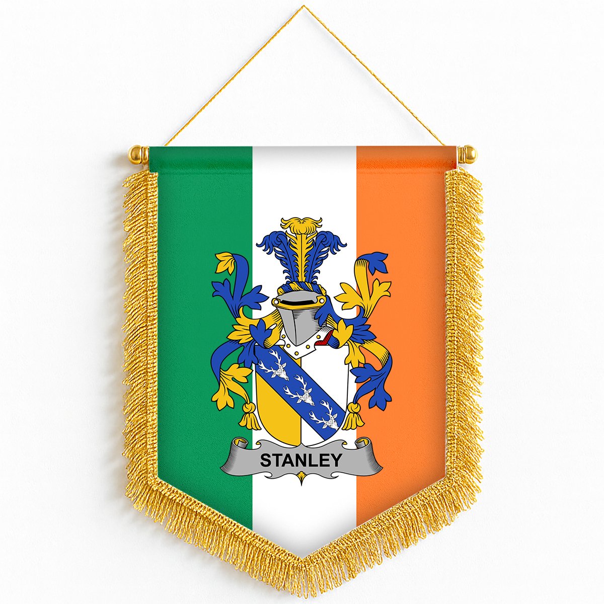 ScotsTee Shop Irish Stanley Coat of Arms Ireland Flag and Irish Family Crest Green, White and Orange Wall Hanging Banner Gonfalon