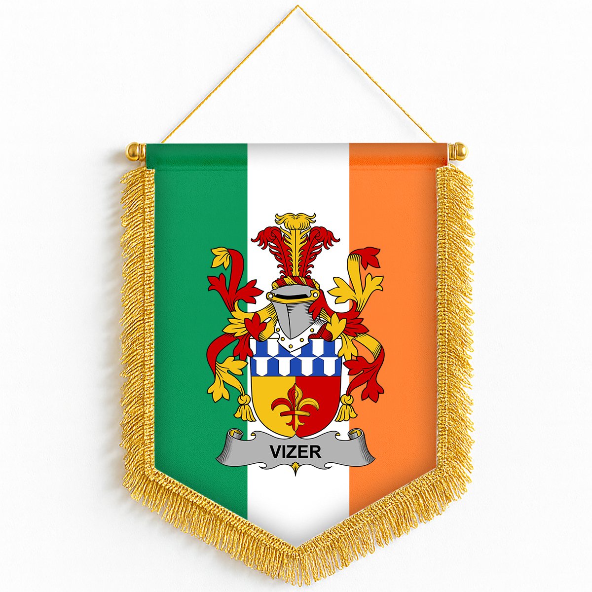 ScotsTee Shop Irish Vizer Coat of Arms Ireland Flag and Irish Family Crest Green, White and Orange Wall Hanging Banner Gonfalon