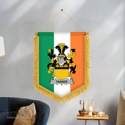 ScotsTee Shop Irish Tanner Coat of Arms Ireland Flag and Irish Family Crest Green, White and Orange Wall Hanging Banner Gonfalon