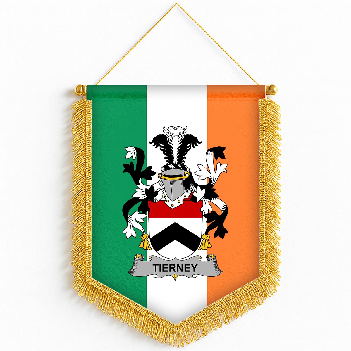ScotsTee Shop Irish Tierney Coat of Arms Ireland Flag and Irish Family Crest Green, White and Orange Wall Hanging Banner Gonfalon