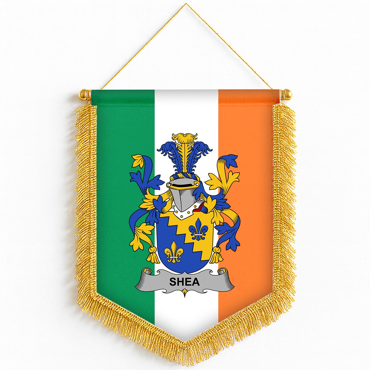 ScotsTee Shop Irish Shea or O'Shee Coat of Arms Ireland Flag and Irish Family Crest Green, White and Orange Wall Hanging Banner Gonfalon