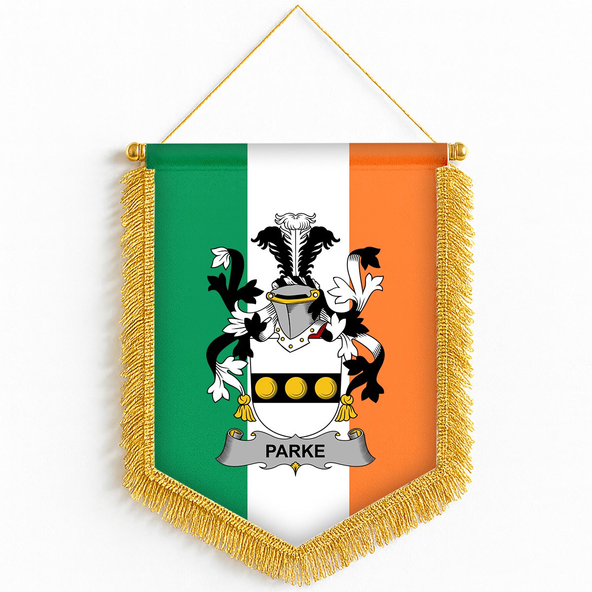 ScotsTee Shop Irish Parke Coat of Arms Ireland Flag and Irish Family Crest Green, White and Orange Wall Hanging Banner Gonfalon