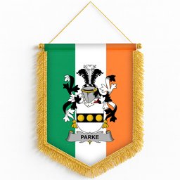 ScotsTee Shop Irish Parke Coat of Arms Ireland Flag and Irish Family Crest Green, White and Orange Wall Hanging Banner Gonfalon