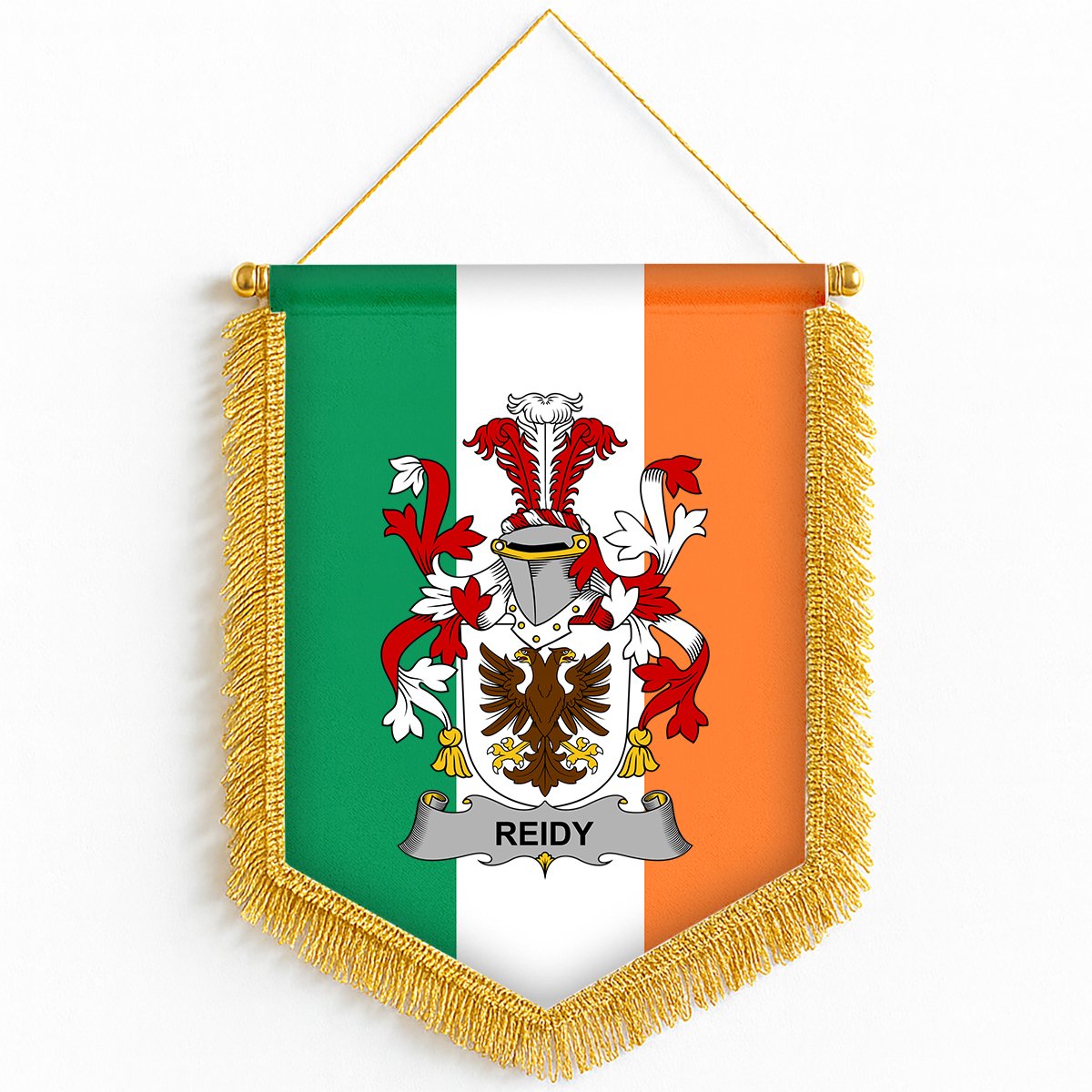 ScotsTee Shop Irish Reidy or O'Reidy Coat of Arms Ireland Flag and Irish Family Crest Green, White and Orange Wall Hanging Banner Gonfalon