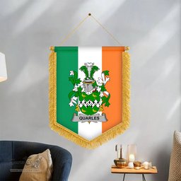 ScotsTee Shop Irish Quarles Coat of Arms Ireland Flag and Irish Family Crest Green, White and Orange Wall Hanging Banner Gonfalon