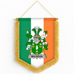 ScotsTee Shop Irish Muldoon Coat of Arms Ireland Flag and Irish Family Crest Green, White and Orange Wall Hanging Banner Gonfalon