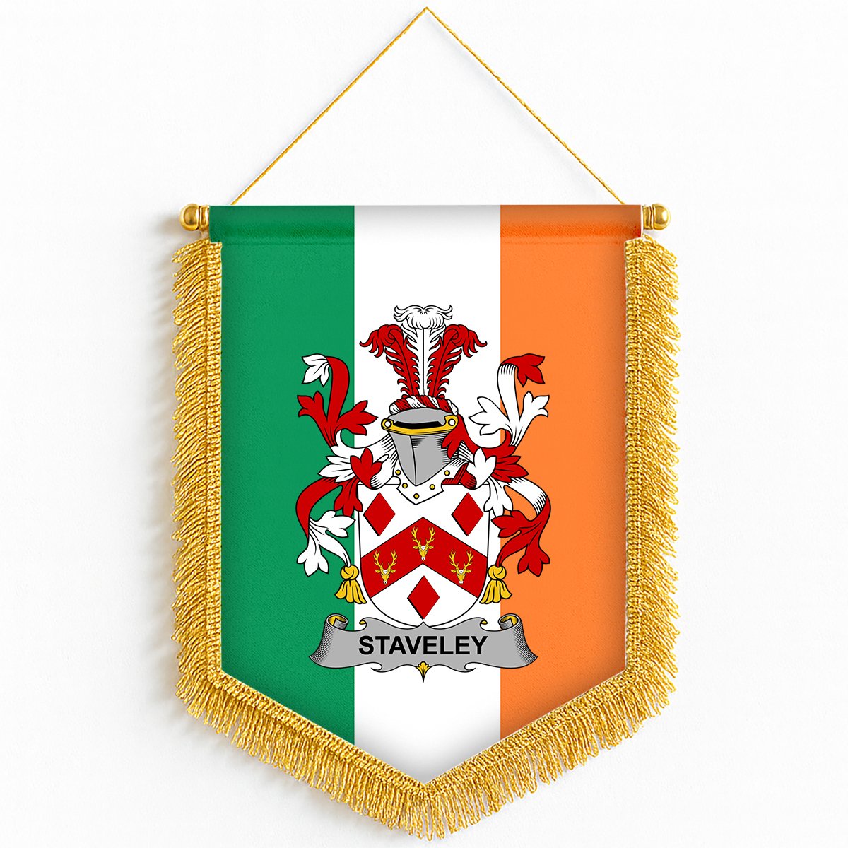 ScotsTee Shop Irish Staveley Coat of Arms Ireland Flag and Irish Family Crest Green, White and Orange Wall Hanging Banner Gonfalon