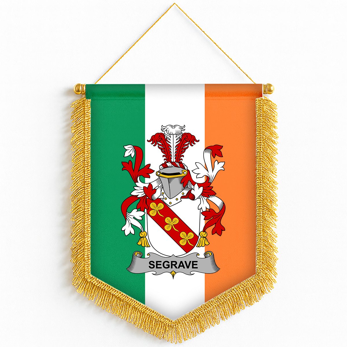ScotsTee Shop Irish Segrave Coat of Arms Ireland Flag and Irish Family Crest Green, White and Orange Wall Hanging Banner Gonfalon