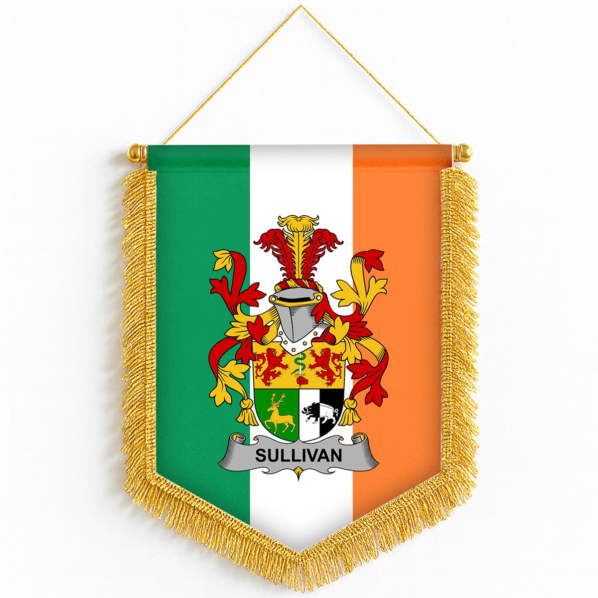 ScotsTee Shop Irish Sullivan or O'Sullivan Coat of Arms Ireland Flag and Irish Family Crest Green, White and Orange Wall Hanging Banner Gonfalon