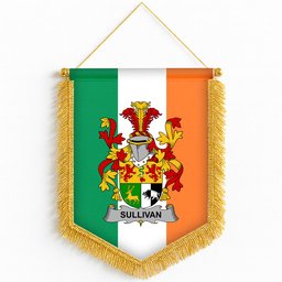 ScotsTee Shop Irish Sullivan or O'Sullivan Coat of Arms Ireland Flag and Irish Family Crest Green, White and Orange Wall Hanging Banner Gonfalon