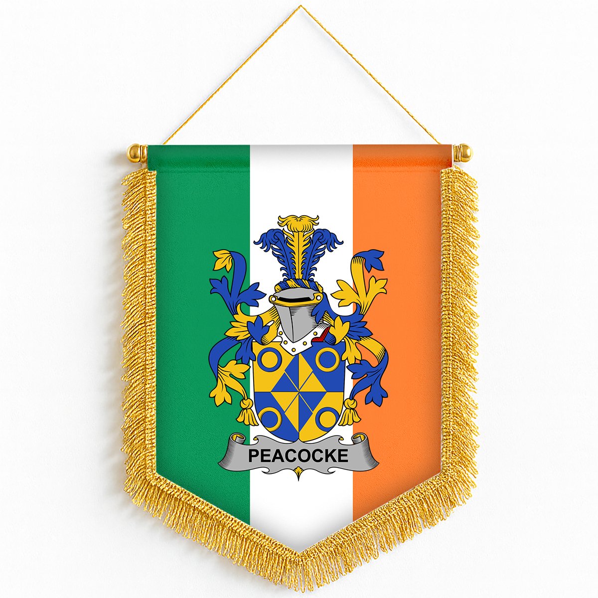 ScotsTee Shop Irish Peacocke Coat of Arms Ireland Flag and Irish Family Crest Green, White and Orange Wall Hanging Banner Gonfalon