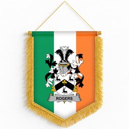 ScotsTee Shop Irish Rogers Coat of Arms Ireland Flag and Irish Family Crest Green, White and Orange Wall Hanging Banner Gonfalon