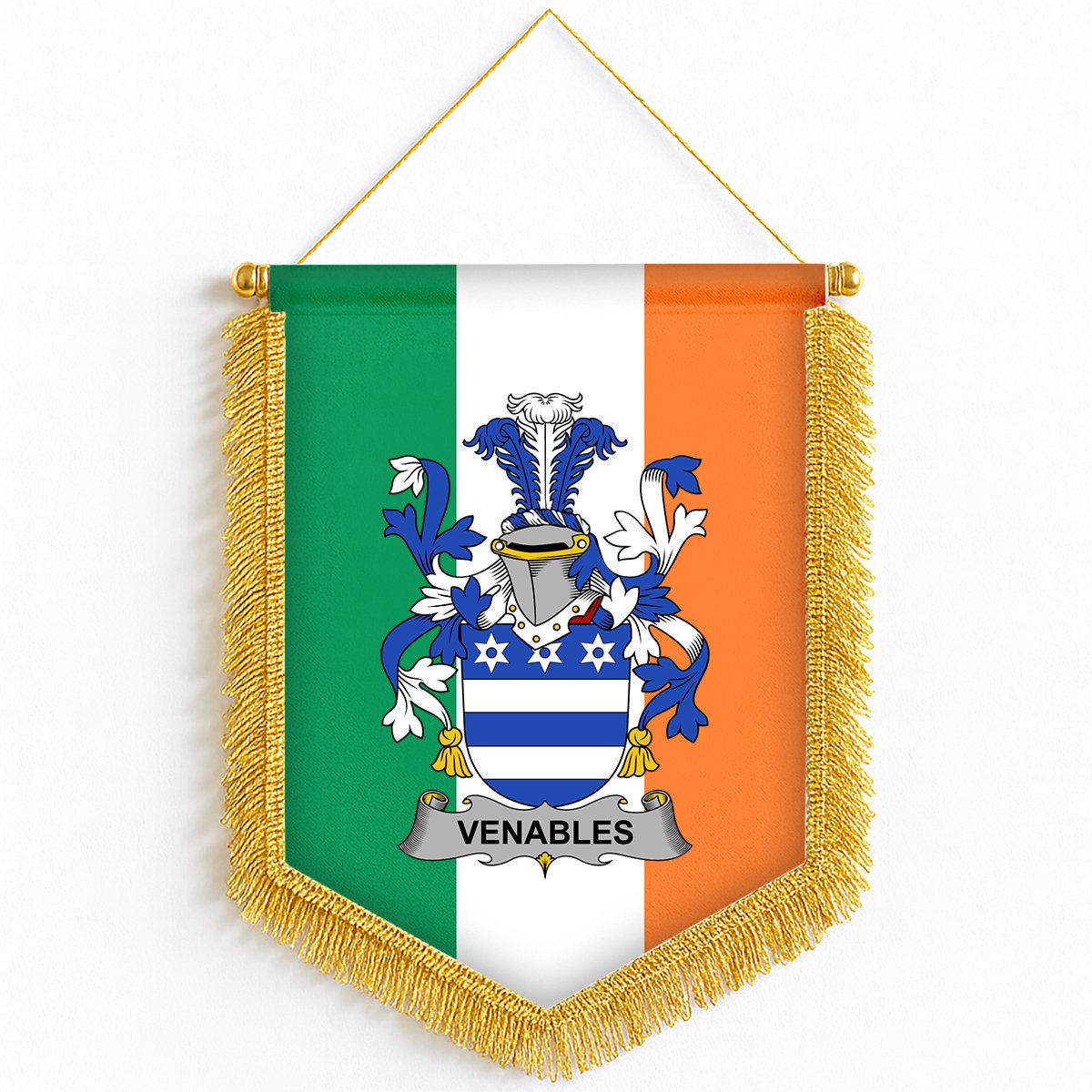 ScotsTee Shop Irish Venables Coat of Arms Ireland Flag and Irish Family Crest Green, White and Orange Wall Hanging Banner Gonfalon