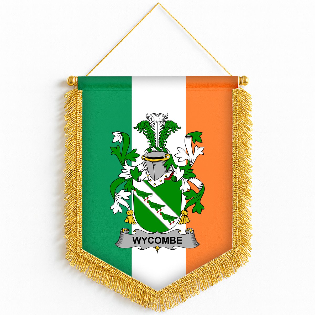 ScotsTee Shop Irish Wycombe Coat of Arms Ireland Flag and Irish Family Crest Green, White and Orange Wall Hanging Banner Gonfalon
