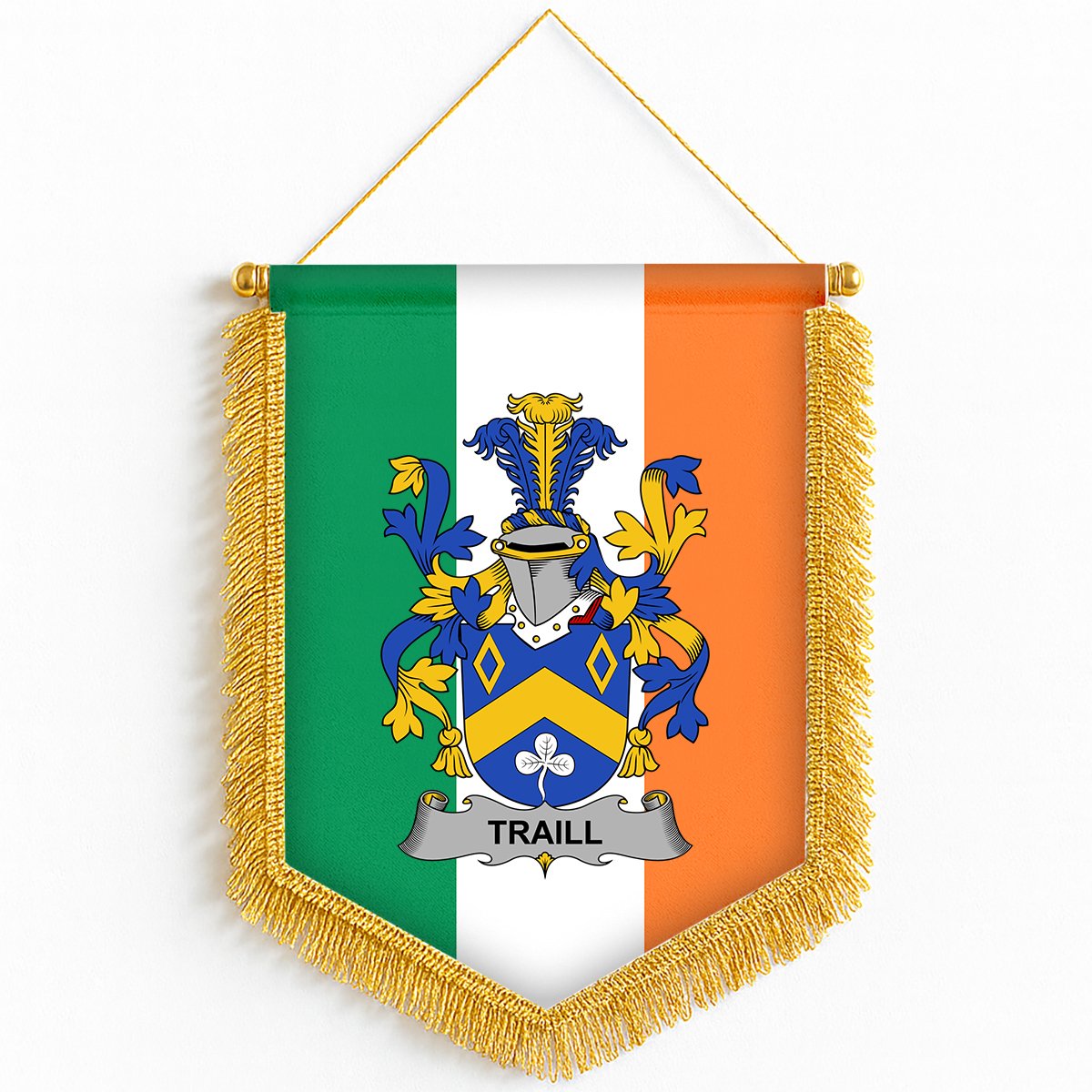 ScotsTee Shop Irish Traill or Trayle Coat of Arms Ireland Flag and Irish Family Crest Green, White and Orange Wall Hanging Banner Gonfalon