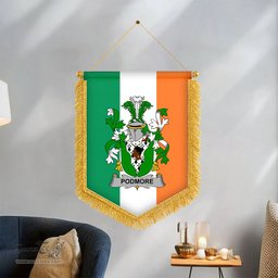 ScotsTee Shop Irish Podmore Coat of Arms Ireland Flag and Irish Family Crest Green, White and Orange Wall Hanging Banner Gonfalon