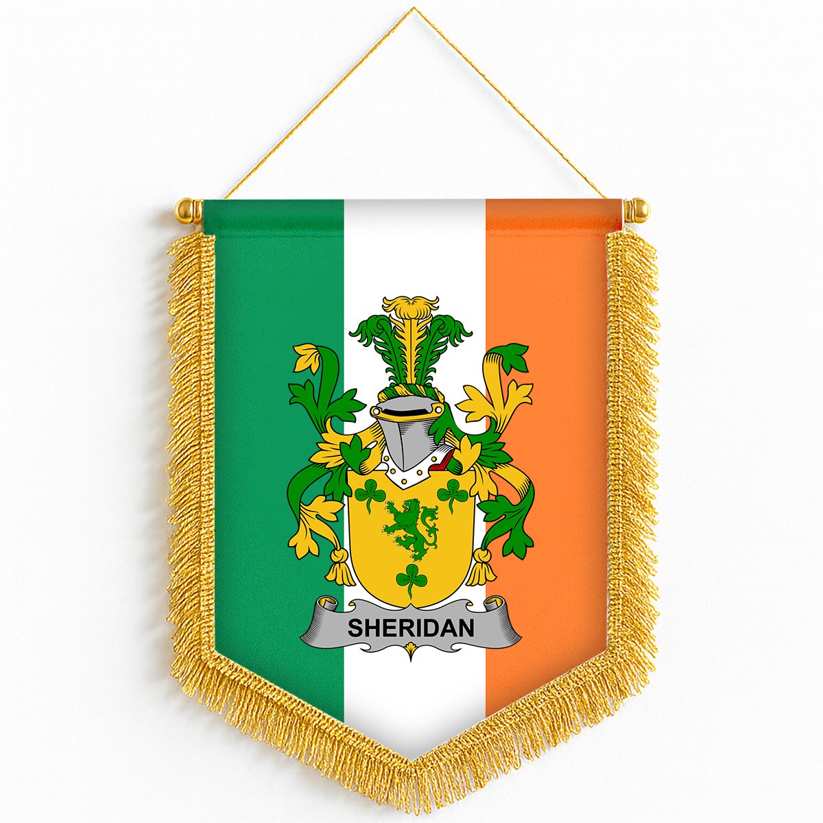 ScotsTee Shop Irish Sheridan Coat of Arms Ireland Flag and Irish Family Crest Green, White and Orange Wall Hanging Banner Gonfalon