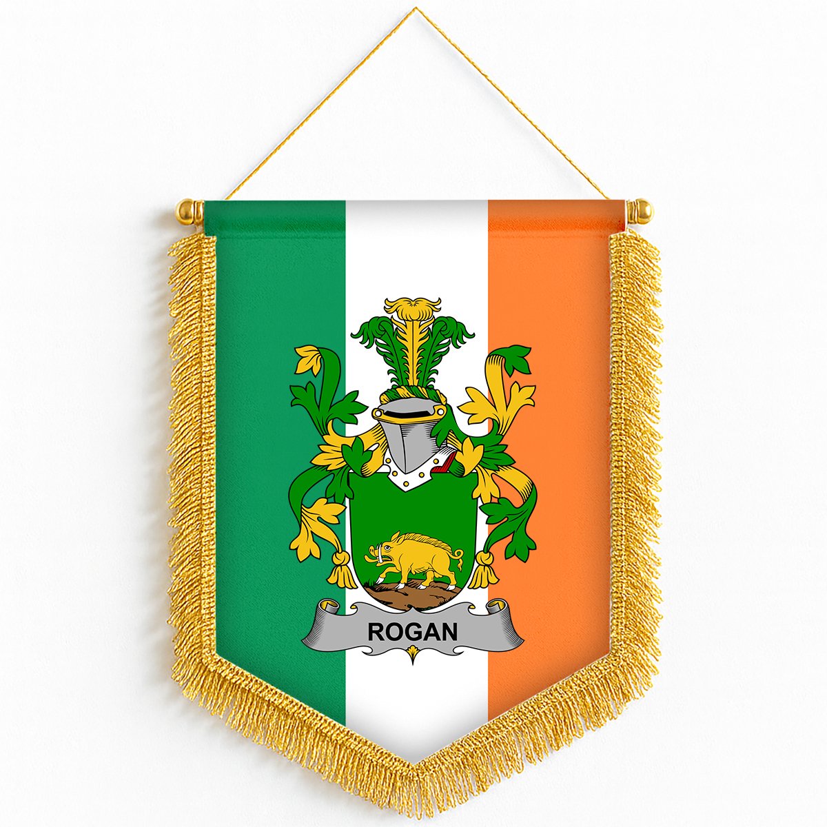 ScotsTee Shop Irish Rogan or O'Rogan Coat of Arms Ireland Flag and Irish Family Crest Green, White and Orange Wall Hanging Banner Gonfalon