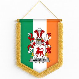 ScotsTee Shop Irish Wolseley Coat of Arms Ireland Flag and Irish Family Crest Green, White and Orange Wall Hanging Banner Gonfalon