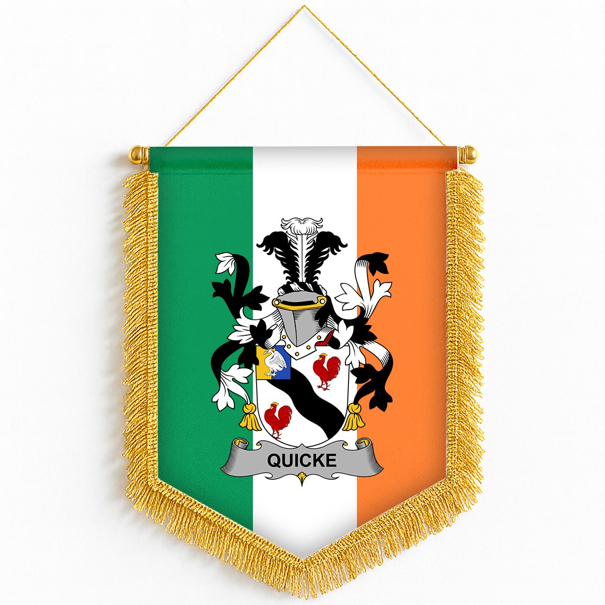 ScotsTee Shop Irish Quicke Coat of Arms Ireland Flag and Irish Family Crest Green, White and Orange Wall Hanging Banner Gonfalon