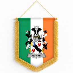 ScotsTee Shop Irish Quicke Coat of Arms Ireland Flag and Irish Family Crest Green, White and Orange Wall Hanging Banner Gonfalon