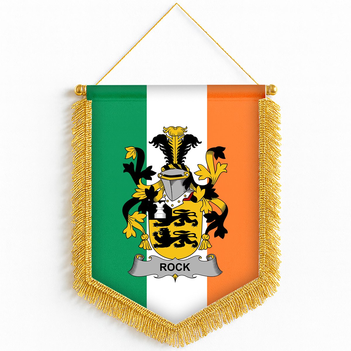 ScotsTee Shop Irish Rock Coat of Arms Ireland Flag and Irish Family Crest Green, White and Orange Wall Hanging Banner Gonfalon