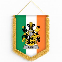 ScotsTee Shop Irish Rock Coat of Arms Ireland Flag and Irish Family Crest Green, White and Orange Wall Hanging Banner Gonfalon