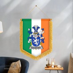 ScotsTee Shop Irish Rockfort Coat of Arms Ireland Flag and Irish Family Crest Green, White and Orange Wall Hanging Banner Gonfalon